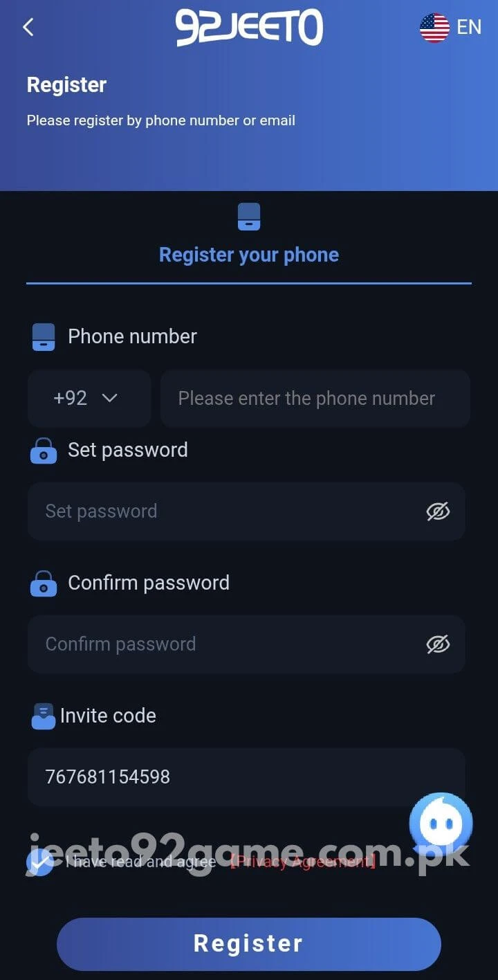 92 Jeeto Game Register screen