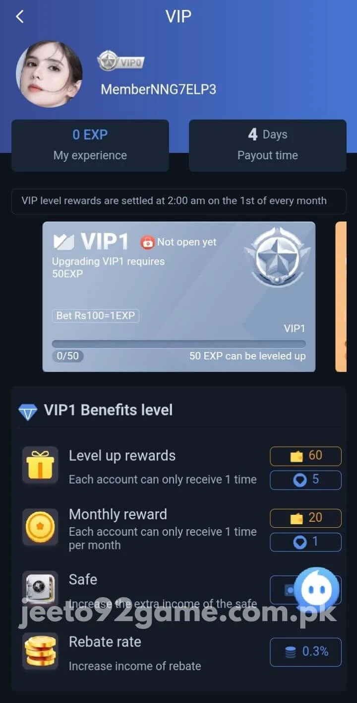 92 Jeeto Game VIP tier screen